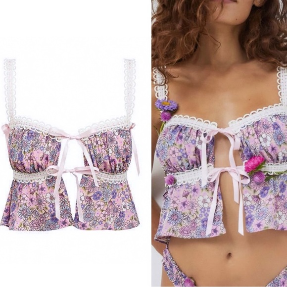 For Love And Lemons Tops - FOR LOVE & LEMONS Willow Multi Floral Bow Tie Ribbon Bow Coquette Top Purple XL